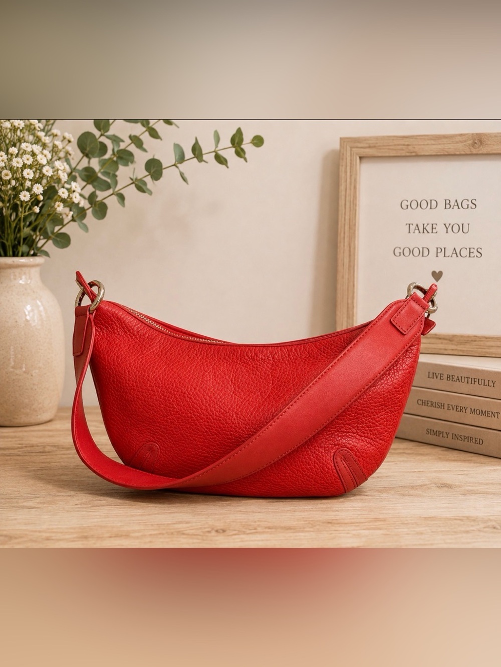 DKNY Red Pebbled Leather hobo Shoulder Bag